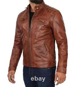 Men's Vintage Distressed Brown Real Soft Sheep Leather Slim Fit Band Jacket