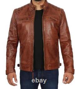 Men's Vintage Distressed Brown Real Soft Sheep Leather Slim Fit Band Jacket