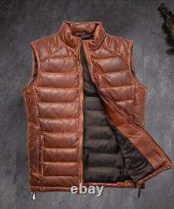 Men's Vintage Distressed Brown Sheep Leather Puffer Vest