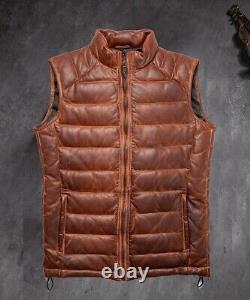 Men's Vintage Distressed Brown Sheep Leather Puffer Vest