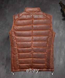 Men's Vintage Distressed Brown Sheep Leather Puffer Vest