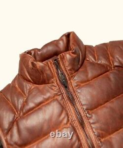 Men's Vintage Distressed Brown Sheep Leather Puffer Vest