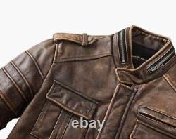 Men's Vintage Distressed Brown Waxed Cafe Racer Motorcycle Real Leather Jacket
