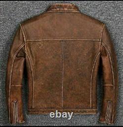 Men's Vintage Motorcycle Biker Brown Distressed Cafe Racer Real Leather Jacket