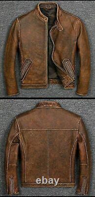 Men's Vintage Motorcycle Biker Brown Distressed Cafe Racer Real Leather Jacket