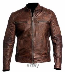 Men's Vintage Motorcycle Cafe Racer Biker Retro Brown Distressed Leather Jacket