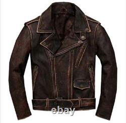 Men's Vintage Motorcycle Distressed Riding Biker Thick Cowhide Leather Jacket
