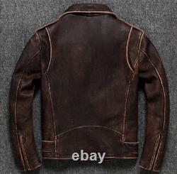 Men's Vintage Motorcycle Distressed Riding Biker Thick Cowhide Leather Jacket