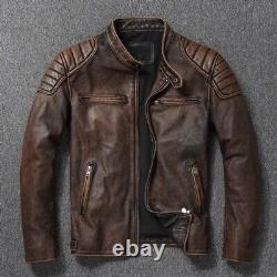 Men's Vintage Slim Fit Motorcycle Distressed Brown Biker Real Leather Jacket