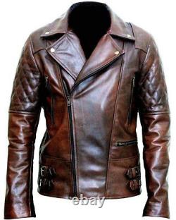 Men's Vintage Style Biker Motorcycle Brown Distressed Racer Real Leather Jacket