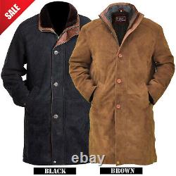 Men's Western Cowboy Style Cowhide Suede Leather Long Coat Jacket