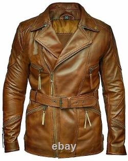Mens 3/4 Motorcycle Biker Brown Distressed Vintage Leather Jacket