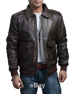 Mens A-2 Bomber USAF AIR Force Flight Distressed Brown Cowhide Leather Jacket
