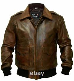 Mens A2 Aviator Bomber G1 Flight Navy Distressed Brown Real Retro Leather Jacket