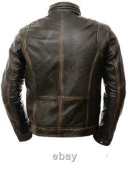Mens Abraci Biker Vintage Cafe Racer Distressed Brown Real Leather Jacket