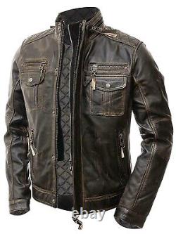 Mens Abraci Biker Vintage Cafe Racer Retro Distressed Brown Real Leather Jacket