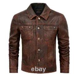 Mens Air Force Vintage Biker Distressed Brown Slim Fashion Real Leather Jacket