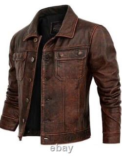 Mens Air Force Vintage Biker Distressed Brown Slim Fit Retro Real Leather Jacket