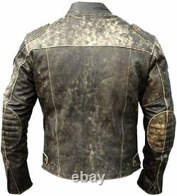 Mens Antique Gray Vintage Distressed Retro Motorcycle Biker Leather Jacket