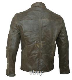 Mens Antique Retro Mens Biker Cafe Racer Green Brown Distressed Leather Jacket