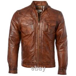 Mens Ashwood Slim Fit Soft Leather Vintage Biker Jacket 1895 Distressed Tan