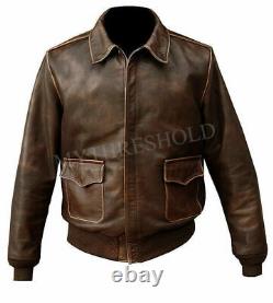 Mens Aviator A-2 Real Leather Bomber Brown Distressed Flight Vintage Jacket