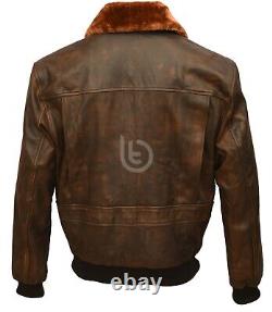 Mens Aviator Navy G-1 Flight Jacket Distressed Brown Leather Bomber Real Jacket