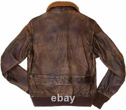 Mens Aviator Navy G-1 Flight Jacket Real Brown Distressed Leather Bomber Jacket