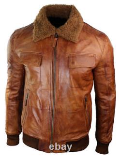 Mens B3 Bomber Rust Tan Brown Removable Fur Collar aviator Pilot Leather jacket