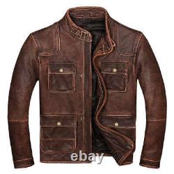 Mens Biker Cafe Racer Vintage Motorcycle Distressed Brown Cowhide Leather Jacket