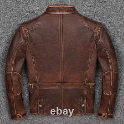 Mens Biker Cafe Racer Vintage Motorcycle Distressed Brown Cowhide Leather Jacket