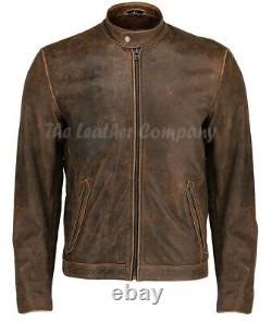 Mens Biker Cafe Racer Vintage Motorcycle Distressed Brown Real Leather Jacket