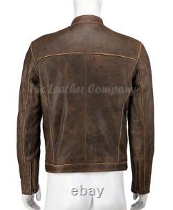 Mens Biker Cafe Racer Vintage Motorcycle Distressed Brown Real Leather Jacket