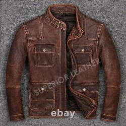Mens Biker Cafe Racer Vintage Motorcycle Distressed Reddish Brown Leather Jacket