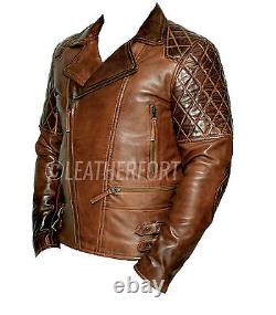 Mens Biker Classic Diamond Motorcycle Brown Distressed Vintage Leather Jacket