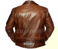 Mens Biker Classic Diamond Motorcycle Brown Distressed Vintage Leather Jacket