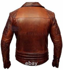 Mens Biker Classic Diamond Motorcycle Brown Distressed Vintage Leather Jacket-B7