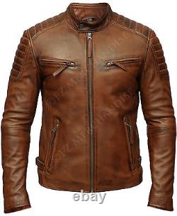 Mens Biker Club New Classic Diamond Vintage Distressed Brown Leather Jacket