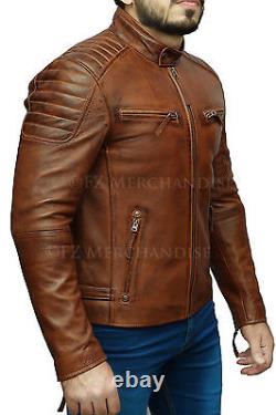 Mens Biker Club New Classic Diamond Vintage Distressed Brown Leather Jacket