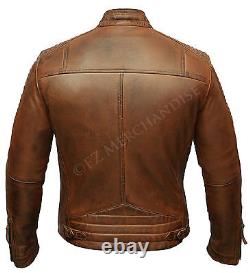 Mens Biker Club New Classic Diamond Vintage Distressed Brown Real Leather Jacket