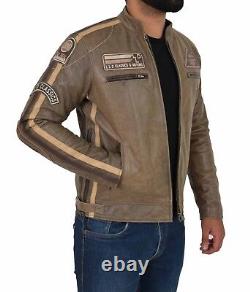Mens Biker Jacket Leather Jacket Distressed Brown Slim Fit Badges Zip Fasten NEW