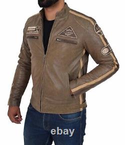 Mens Biker Jacket Leather Jacket Distressed Brown Slim Fit Badges Zip Fasten NEW