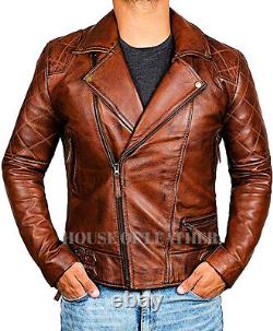 Mens Biker Motorcycle Cafe Racer Distressed Brown Real Leather Jacket
