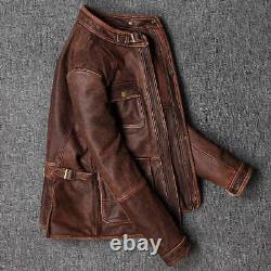 Mens Biker Motorcycle Cafe Racer Vintage Distressed Brown Cowhide Leather Jacket