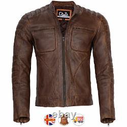 Mens Biker Motorcycle Genuine Brown Distressed Leather Jacket New S-3xl Vintage