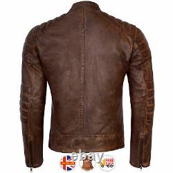 Mens Biker Motorcycle Genuine Brown Distressed Leather Jacket New S-3xl Vintage
