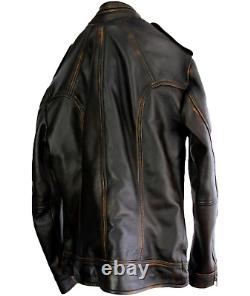 Mens Biker Motorcycle Slim Fit Vintage Distressed Cowhide Winter Leather Jacket