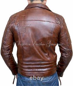 Mens Biker Motorcycle Vintage Antique Distress Brown Winter Real Leather Jacket