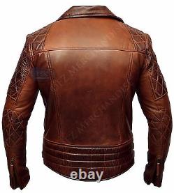 Mens Biker Motorcycle Vintage Brown Distressed Classic Diamond Leather Jacket