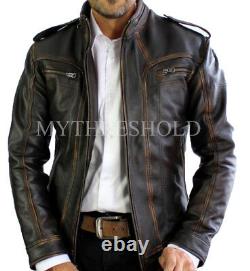 Mens Biker Motorcycle Vintage Cafe Racer Distressed Brown Cowhide Leather Jacket